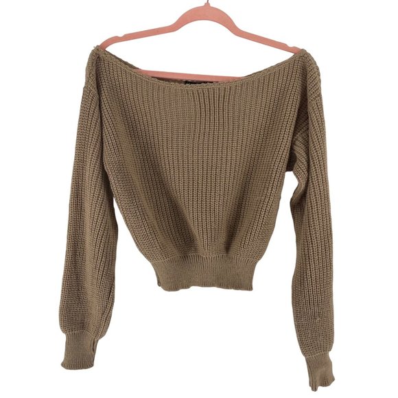 Boohoo Women's Size Small Tan Slouchy Off-The-Shoulder Cropped Sweater - Picture 1 of 6